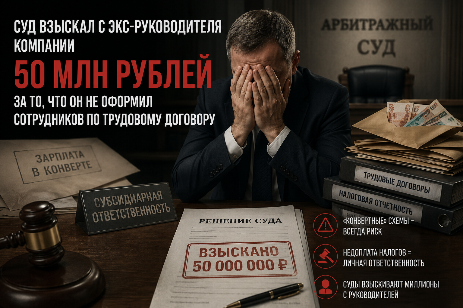 Суд взыскал с экс-руководителя компании 50 млн рублей за то, что он не оформил сотрудников по трудовому договору